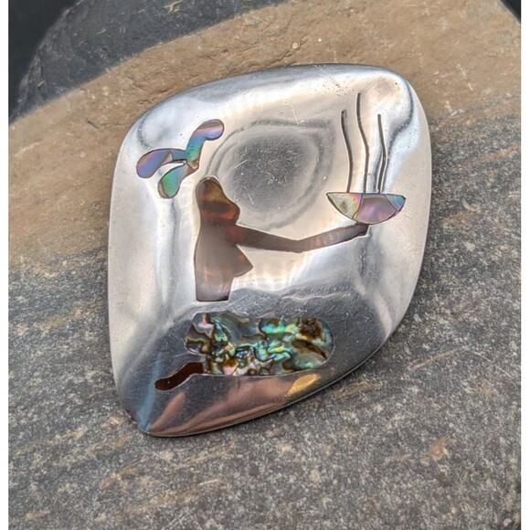 Jewelry - Mexican Sterling Abalone Inlay Brooch • Kneeling Woman Offering Bowl • 17g Taxco